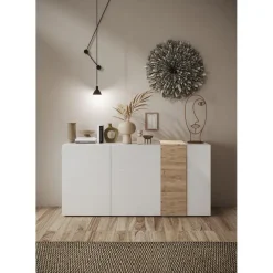 Commode 3 portes Blanc lacqué brillant chene