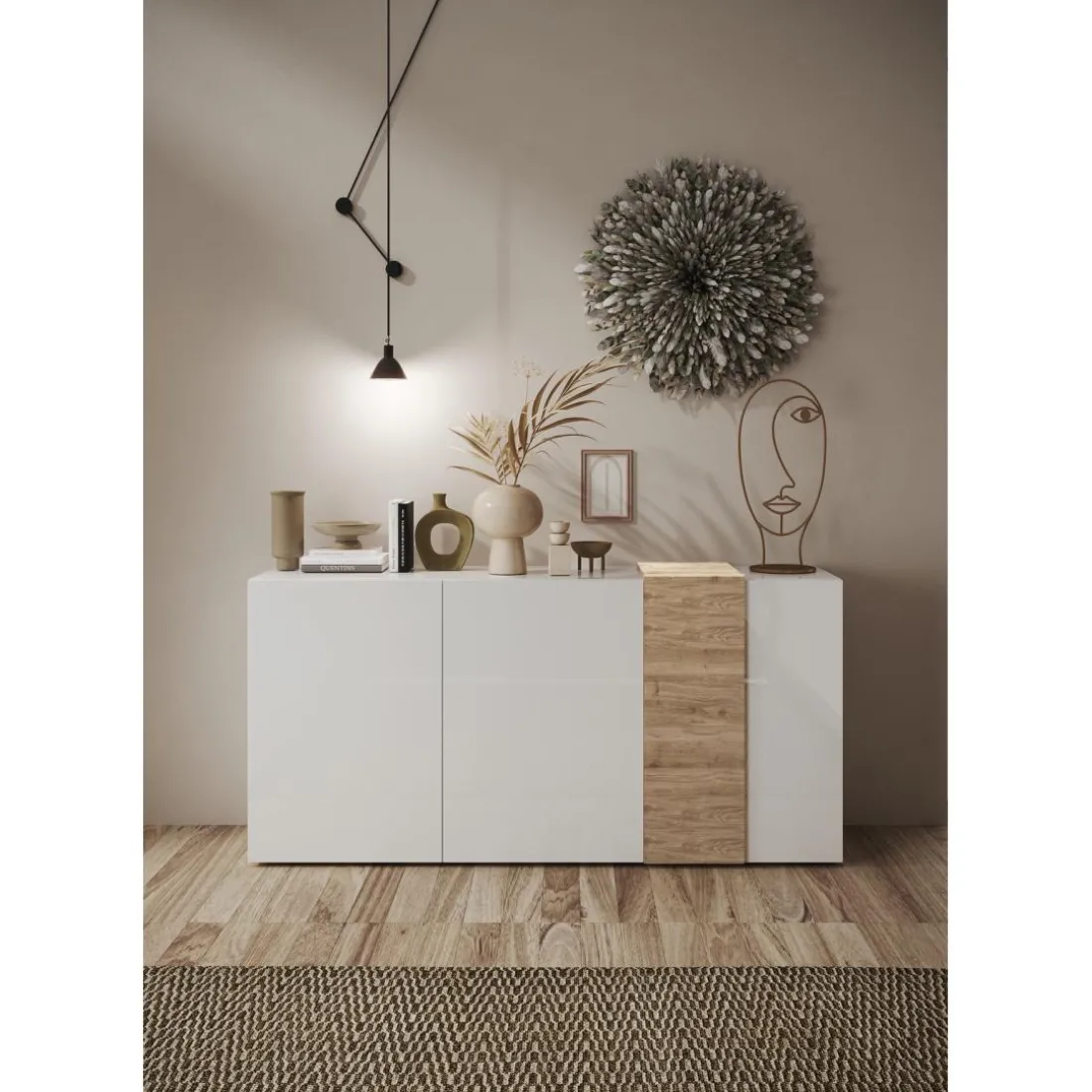 Commode 3 portes Blanc lacqué brillant chene