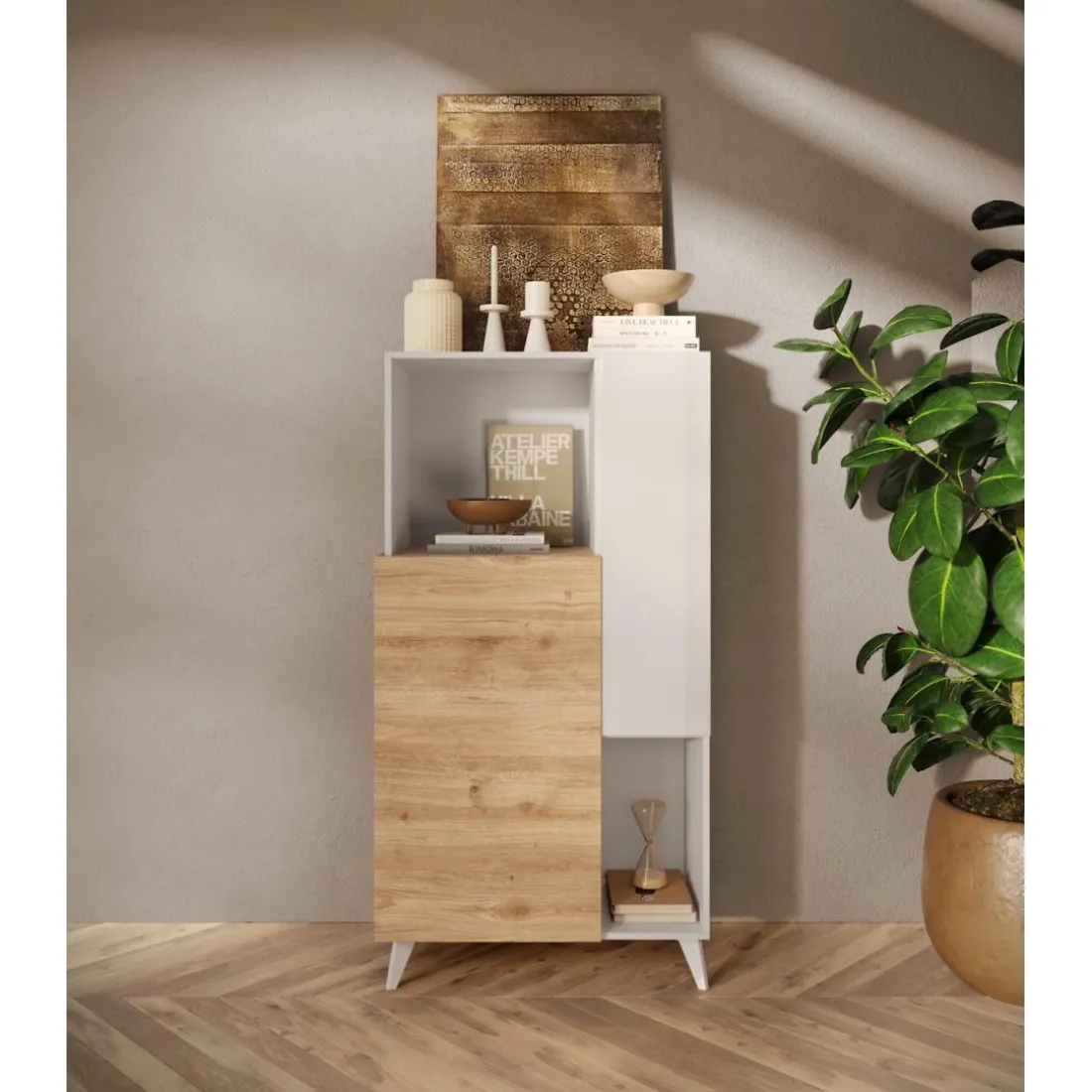 Commode 2 portes Bois et blanc laqué