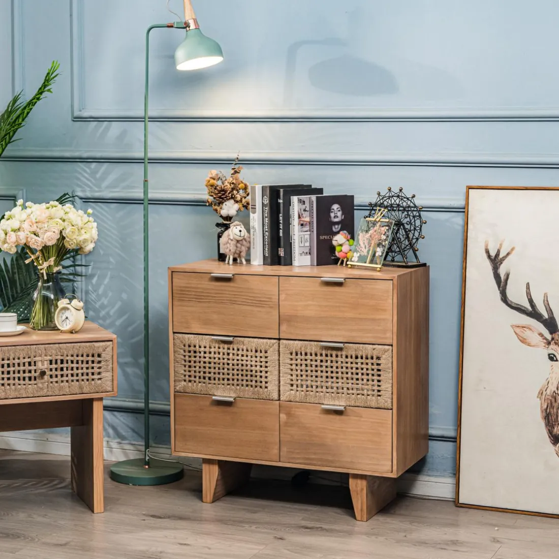 Commode Chambre Scandinave Bois 3 Tiroirs Rangement Marron
