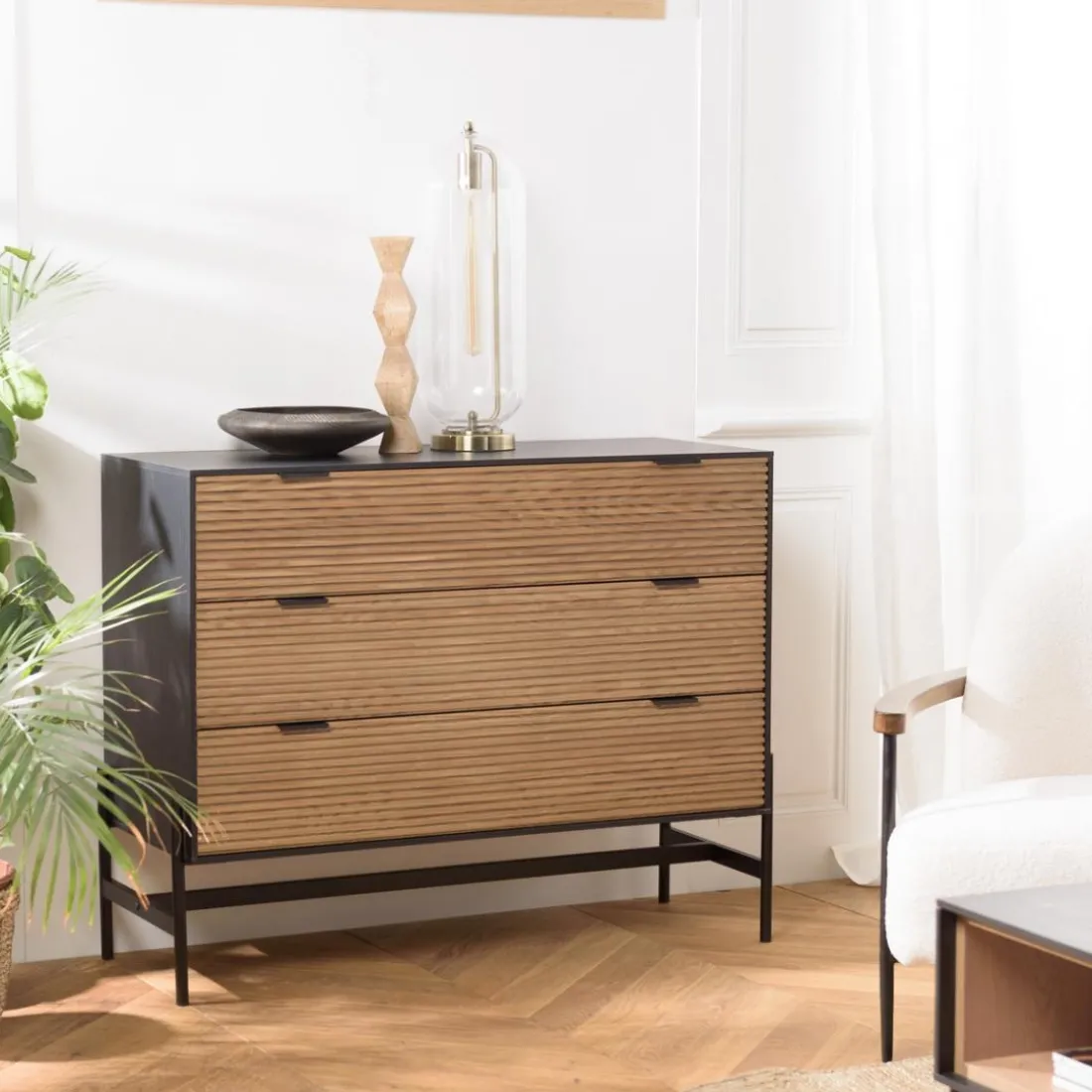 Commode marron et noire 3 tiroirs Pin pieds métal noir