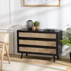 Commode noire 3 tiroirs cannage naturel ANGELO