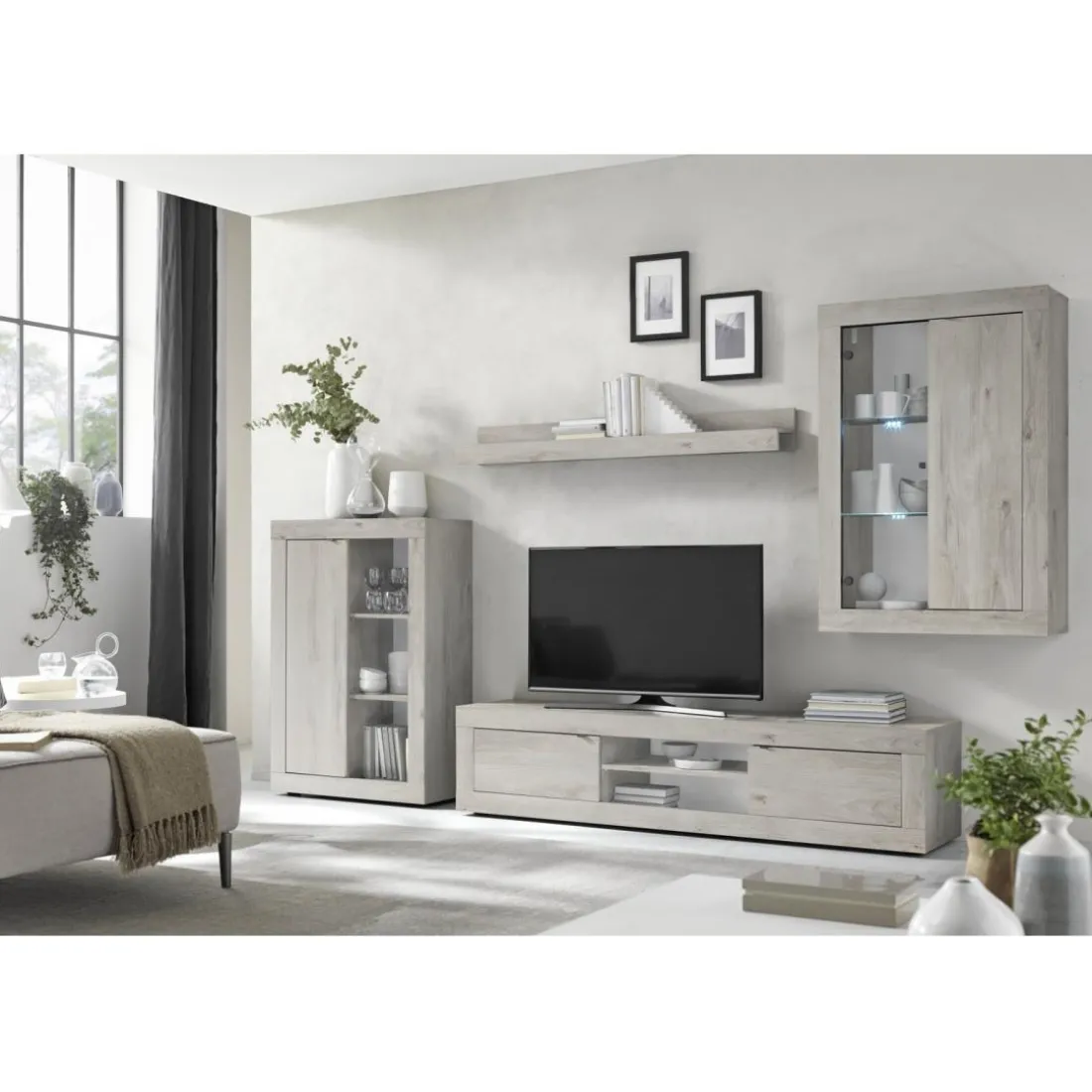 Composition murale meuble TV, étagère et 2 buffets muraux blanc chêne