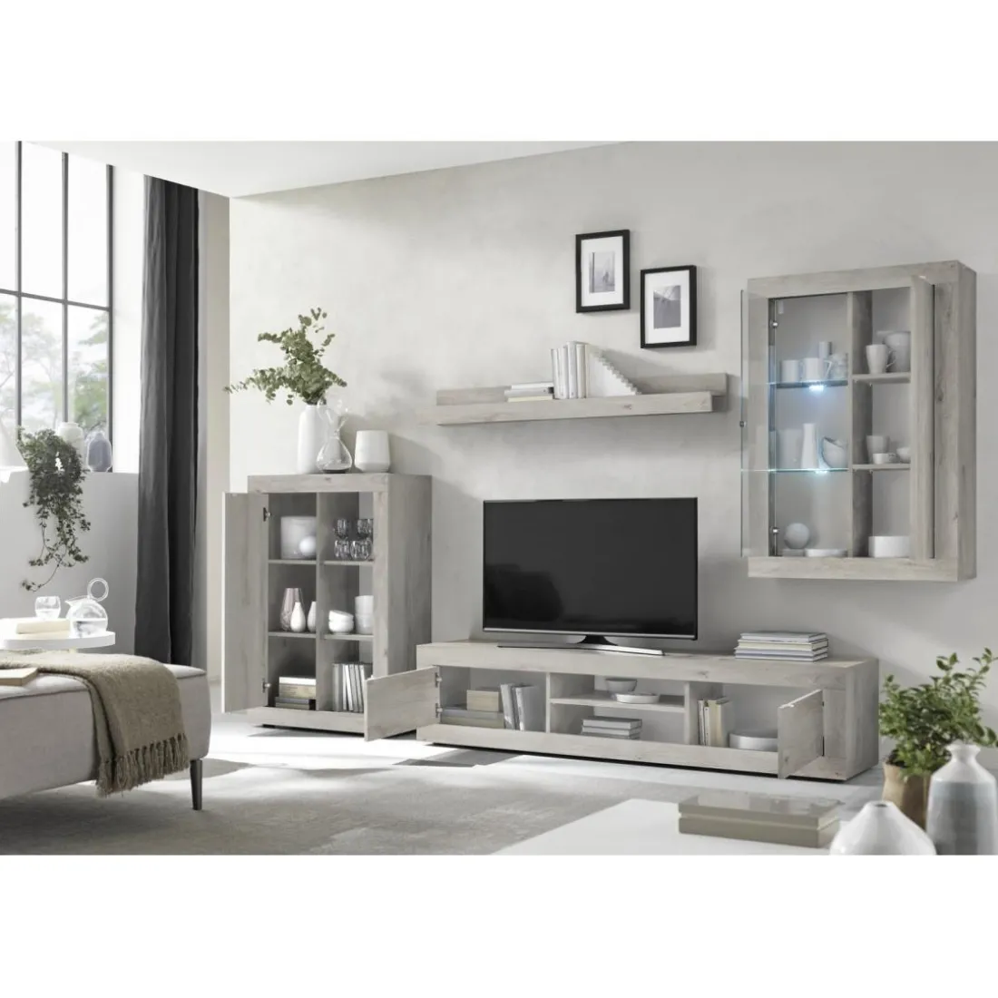 Composition murale meuble TV, étagère et 2 buffets muraux blanc chêne