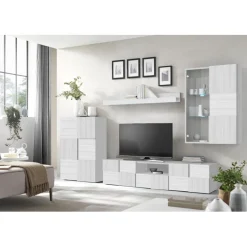 Composition murale meuble TV, étagère et 2 buffets muraux décor chène eucalyptus