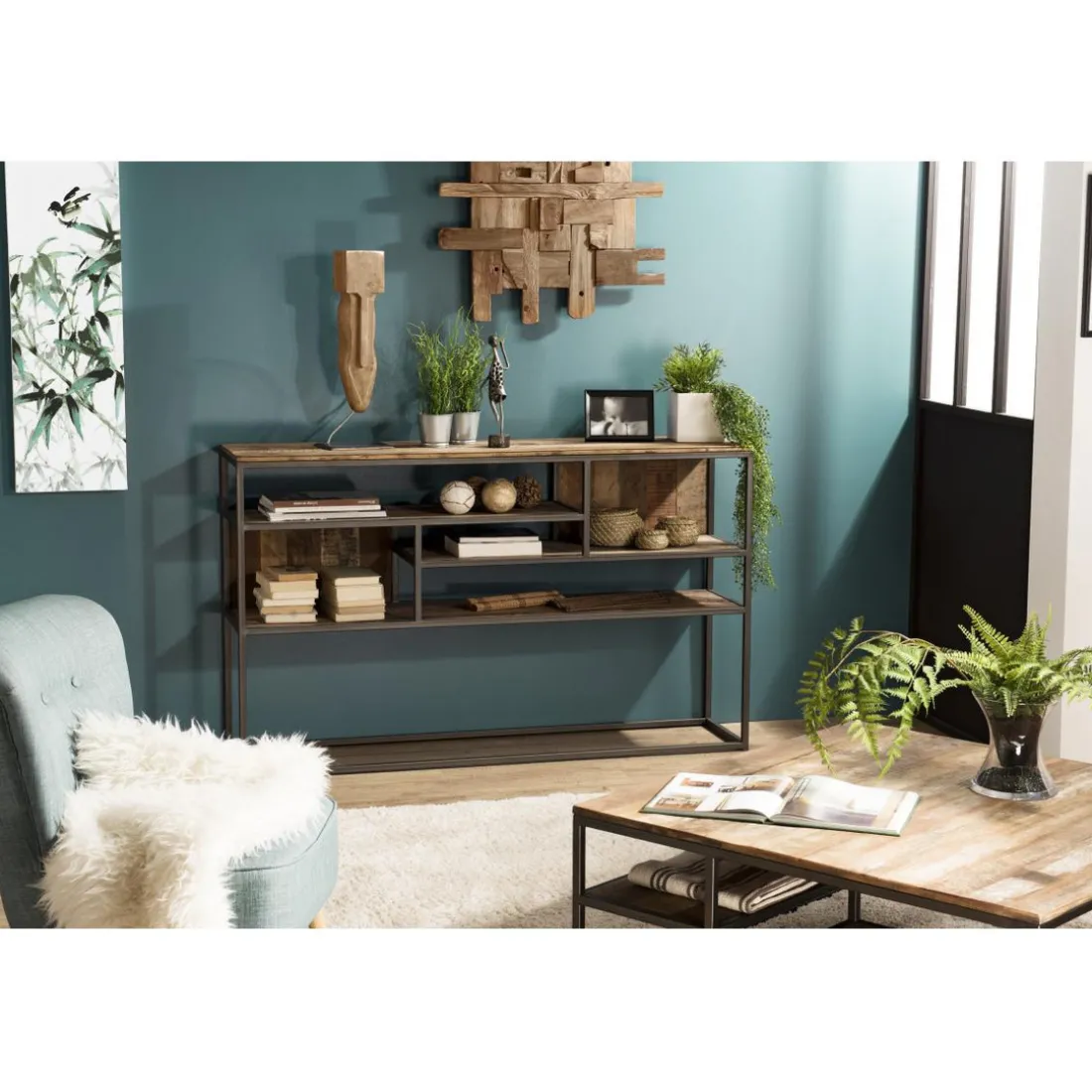 Console 4 niveaux en teck recyclé acacia mahogany métal noir