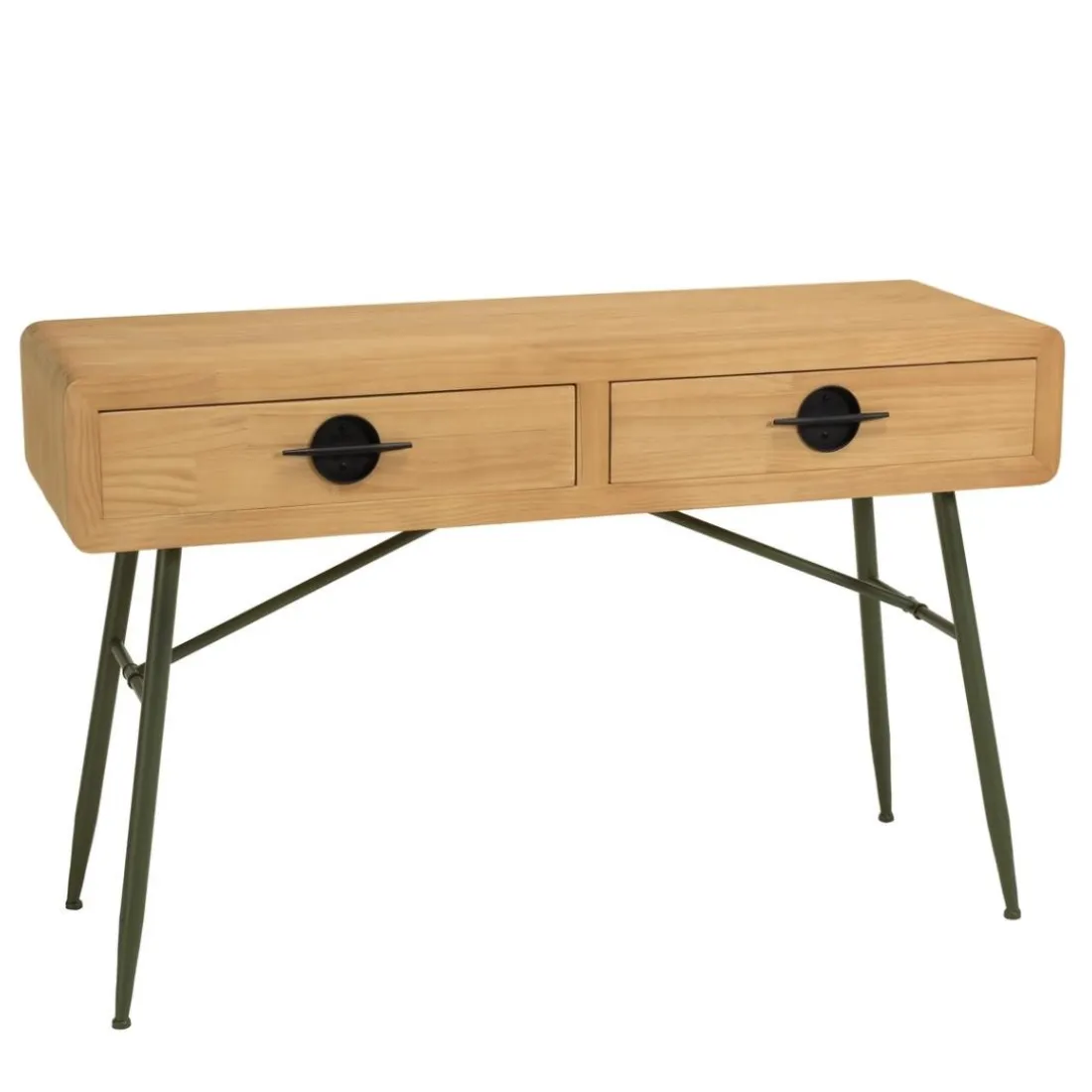 Console 2 tiroirs en pin couleur naturelle et pieds métal vert HELENA