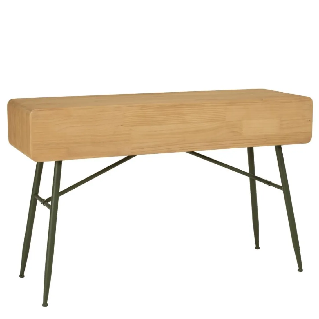 Console 2 tiroirs en pin couleur naturelle et pieds métal vert HELENA
