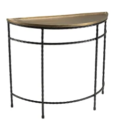 Console demi-lune 90x36cm alu doré pieds métal noirs torsadés JOHAN