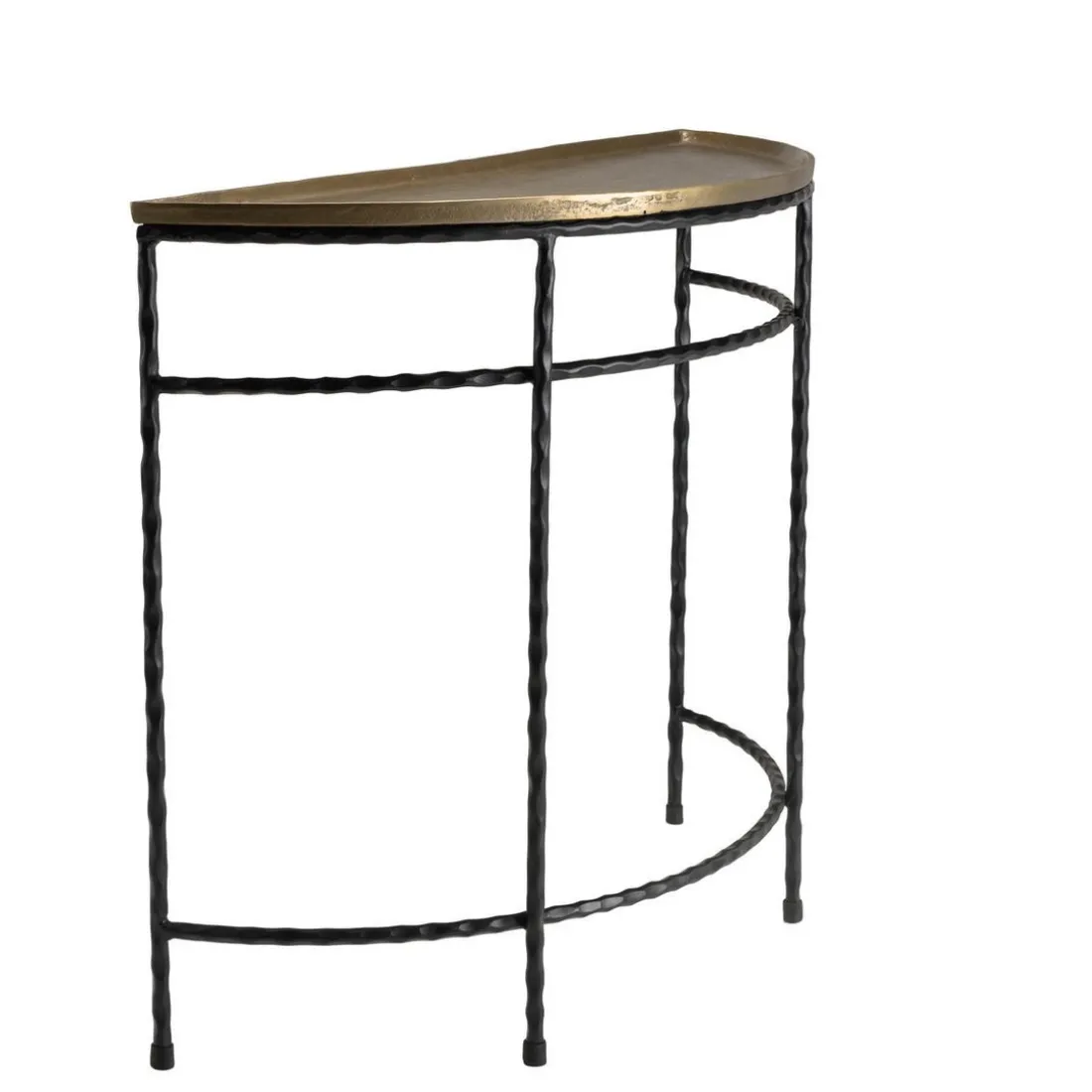 Console demi-lune 90x36cm alu doré pieds métal noirs torsadés JOHAN