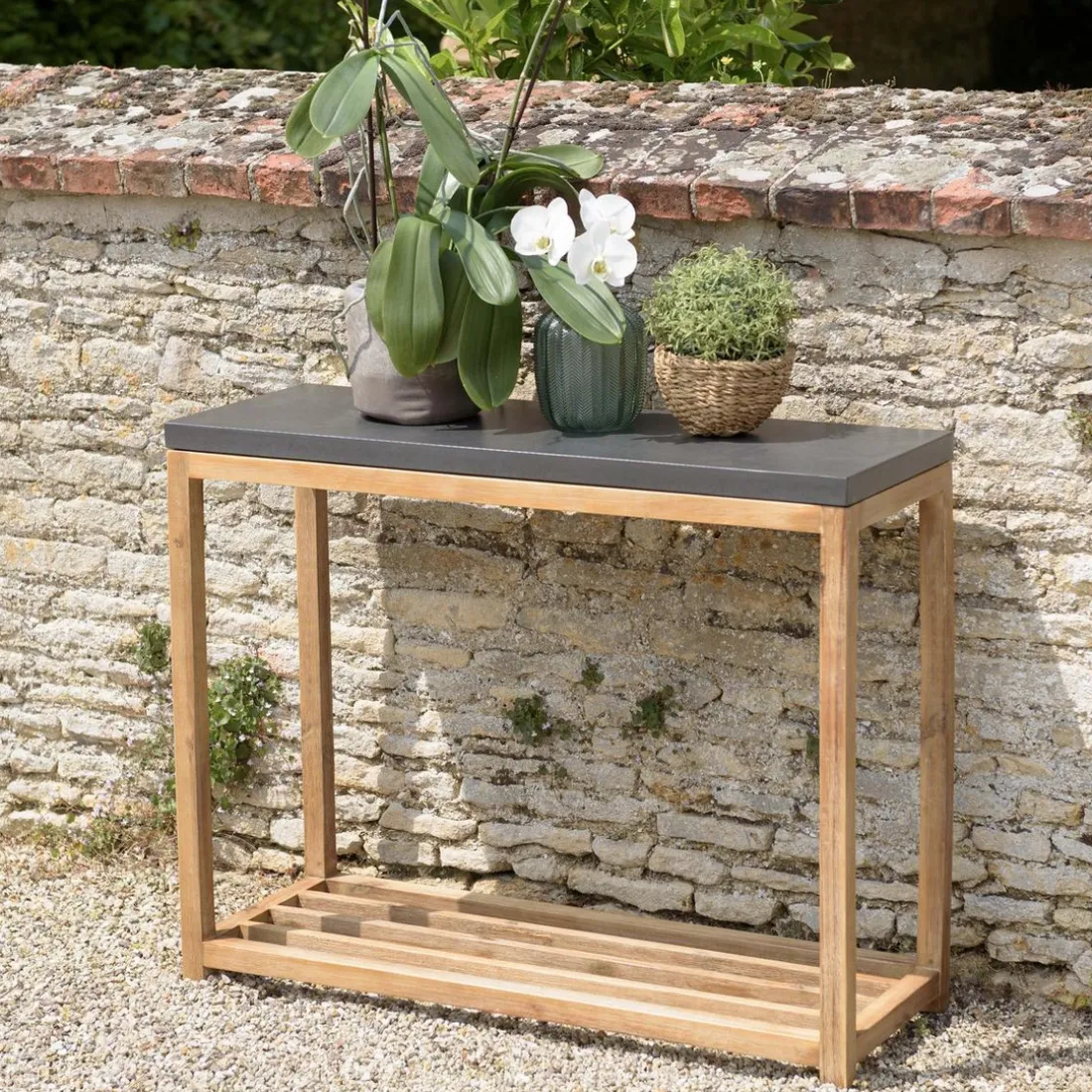Console rectangulaire grand modèle double plateau effet béton foncé et acacia HECTOR