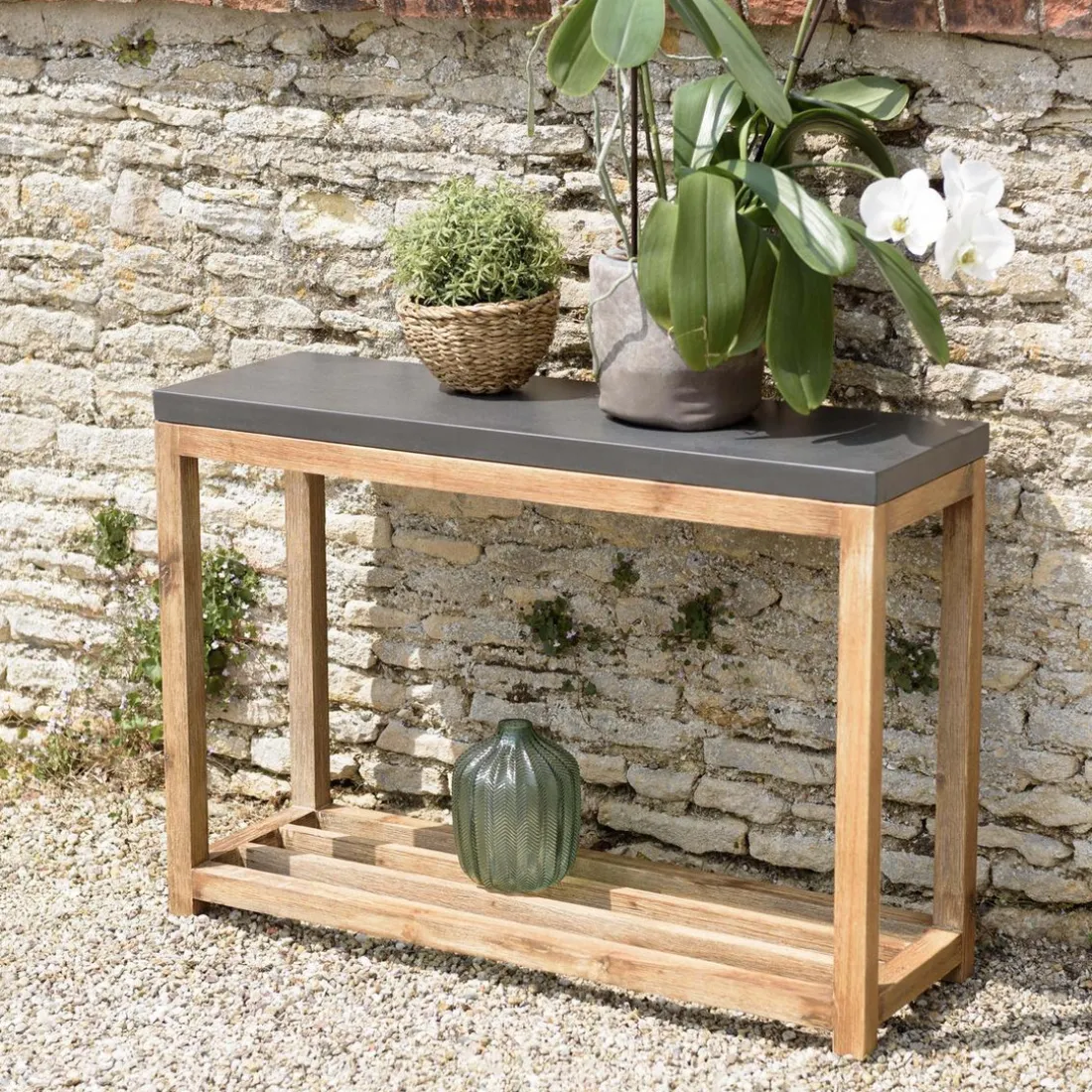 Console rectangulaire petit modèle double plateau effet béton foncé et acacia HECTOR