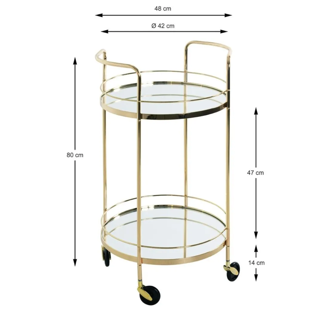 Desserte en métal laitonné et tablettes en verre miroir
