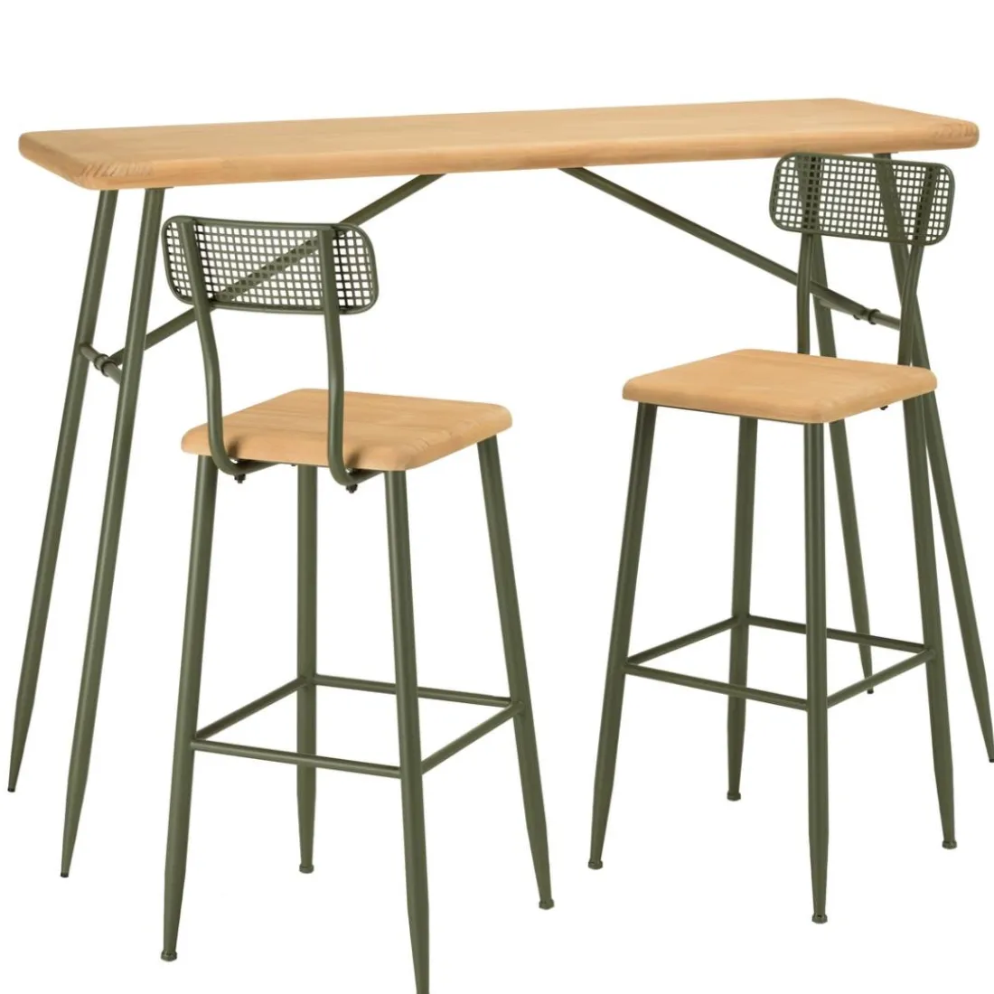 Ensemble 1 bar avec 2 tabourets pin et métal vert HELENA