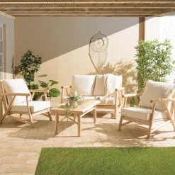 Ensemble canapé 2 places 2 fauteuils 1 table basse en teck MADURA Blanc