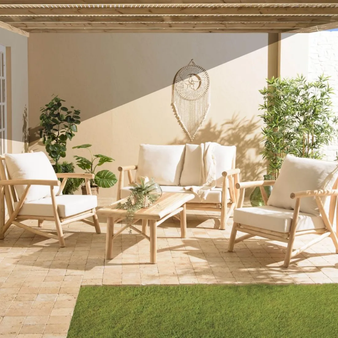 Ensemble canapé 2 places 2 fauteuils 1 table basse en teck MADURA Blanc