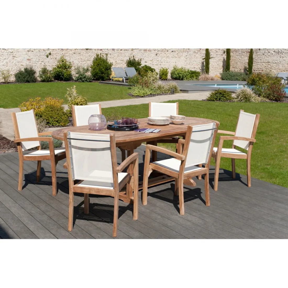 Ensemble de 2 fauteuils de jardin en bois teck - dossier et assise couleur en textilène ivoire