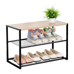 Etagère à chaussures 3 niveaux en acier et en bois Beige