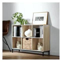 Etagère de rangement 6 cases en bois avec pieds métal