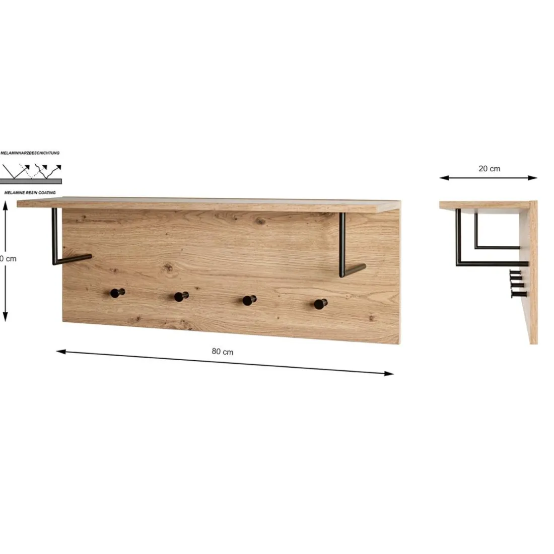 Etagère murale bois et métal 4 crochets noirs