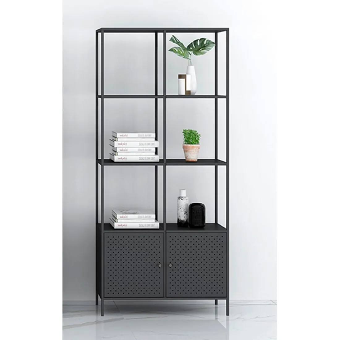 Etagère noire 8 cases et 2 portes en métal