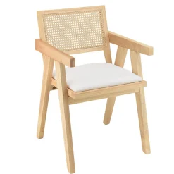 Fauteuil bois d’Hévéa assise tissu blanc dossier rotin naturel AGATHE