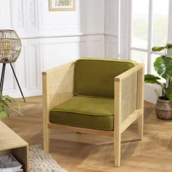 Fauteuil cannage assise amovible velours vert