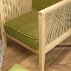 Fauteuil cannage assise amovible velours vert