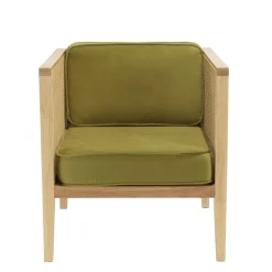 Fauteuil cannage assise amovible velours vert
