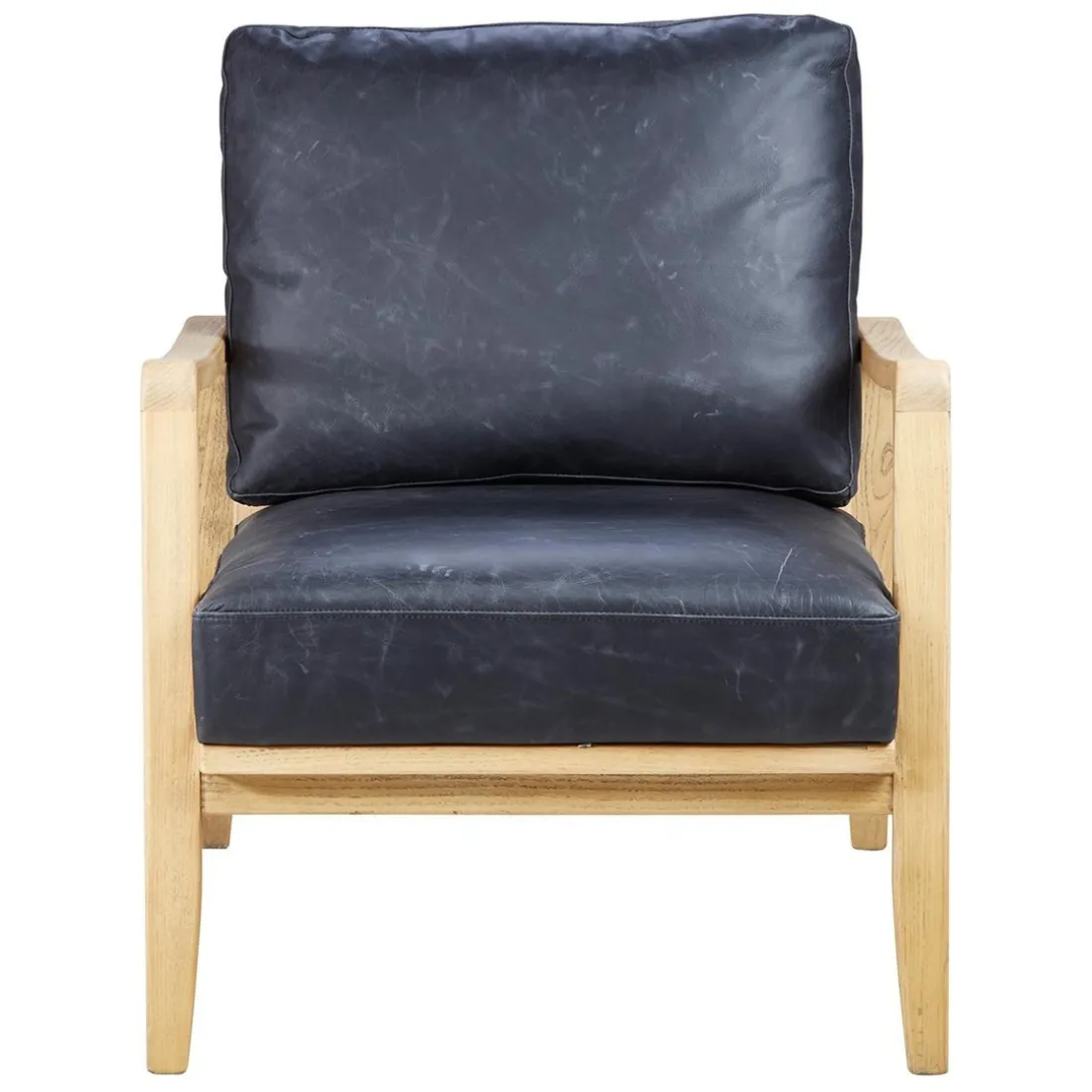 Fauteuil cuir noir pieds frêne naturel