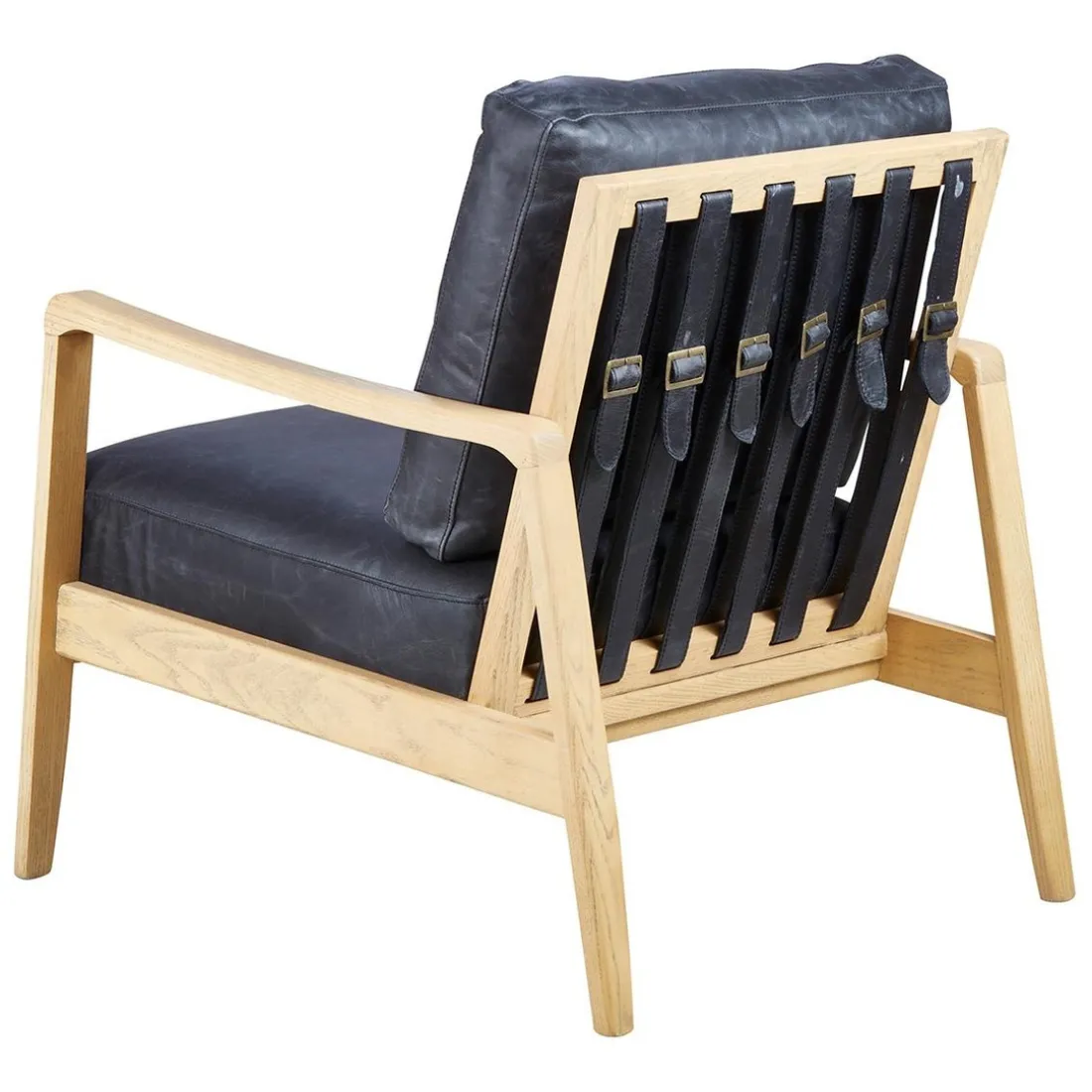 Fauteuil cuir noir pieds frêne naturel