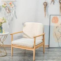 Fauteuil de Salon Scandinave avec Structure Bois et Bouclettes Blanc