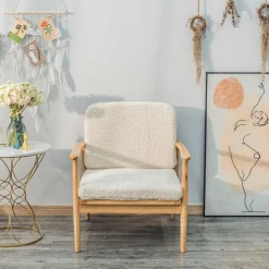 Fauteuil de Salon Scandinave avec Structure Bois et Bouclettes Blanc