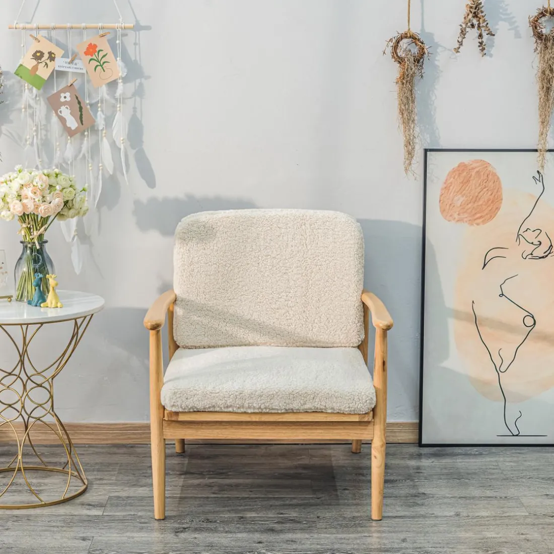 Fauteuil de Salon Scandinave avec Structure Bois et Bouclettes Blanc
