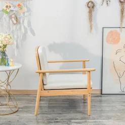 Fauteuil de Salon Scandinave avec Structure Bois et Tissu Beige