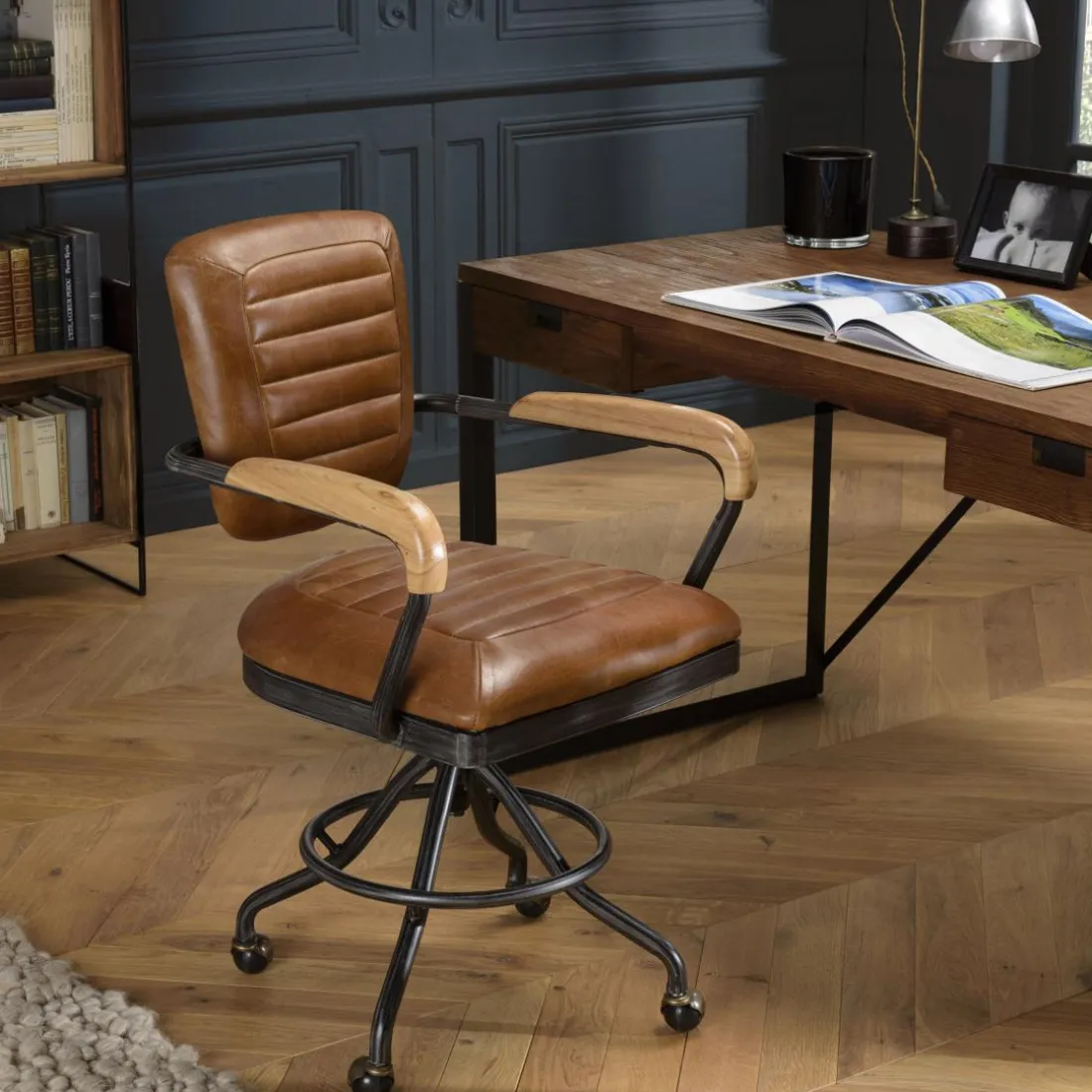 Fauteuil desk vintage cuir à roulettes GASTON