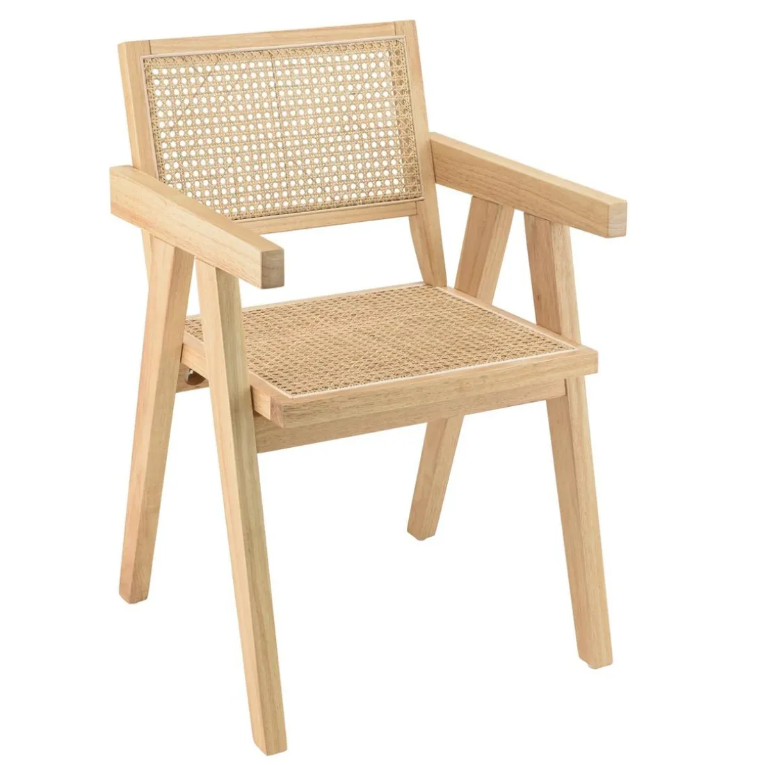 Fauteuil en bois d’Hévéa clair dossier et assise rotin naturel AGATHE