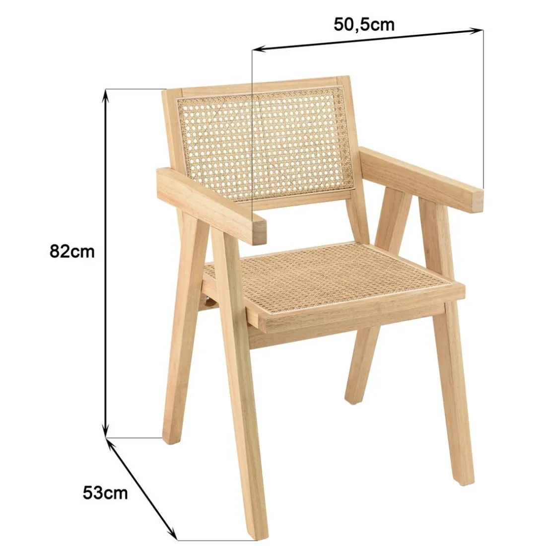 Fauteuil en bois d’Hévéa clair dossier et assise rotin naturel AGATHE