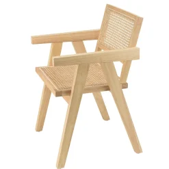 Fauteuil en bois d’Hévéa clair dossier et assise rotin naturel AGATHE