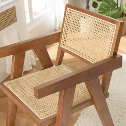 Fauteuil en bois d’Hévéa foncé dossier et assise rotin naturel AGATHE