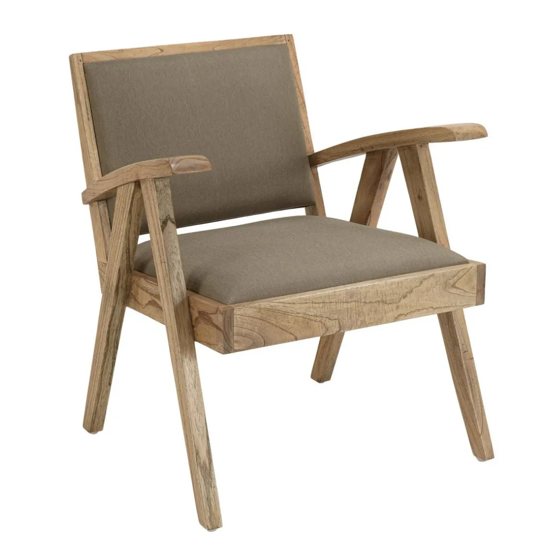 Fauteuil en Mindi, assise en tissu kaki chiné DAK