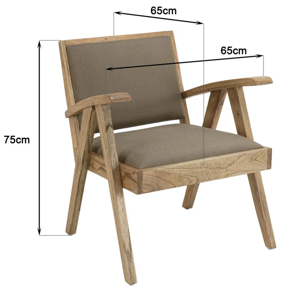 Fauteuil en Mindi, assise en tissu kaki chiné DAK