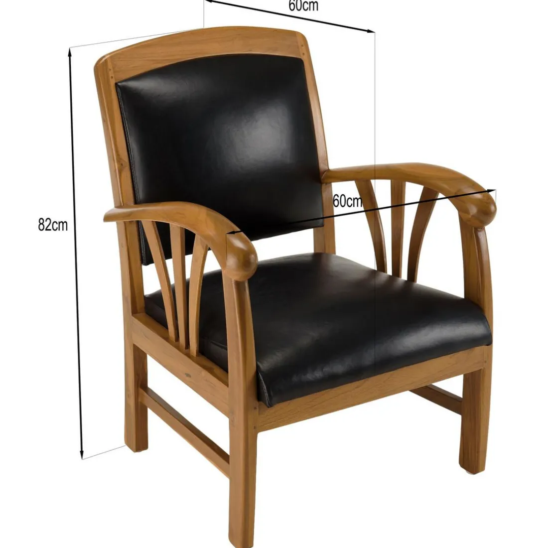 Fauteuil en teck et cuir style colonial - Noir