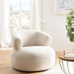 Fauteuil en tissu bouclette écru assise arrondie GASTON