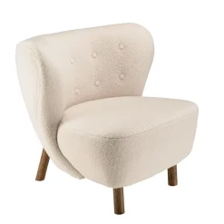 Fauteuil en tissu bouclette écru, dossier capitonné arrondi GASTON