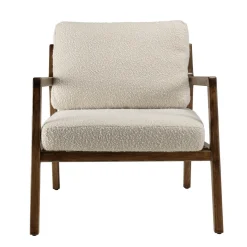 Fauteuil en tissu écru, structure et accoudoirs en bois GASTON