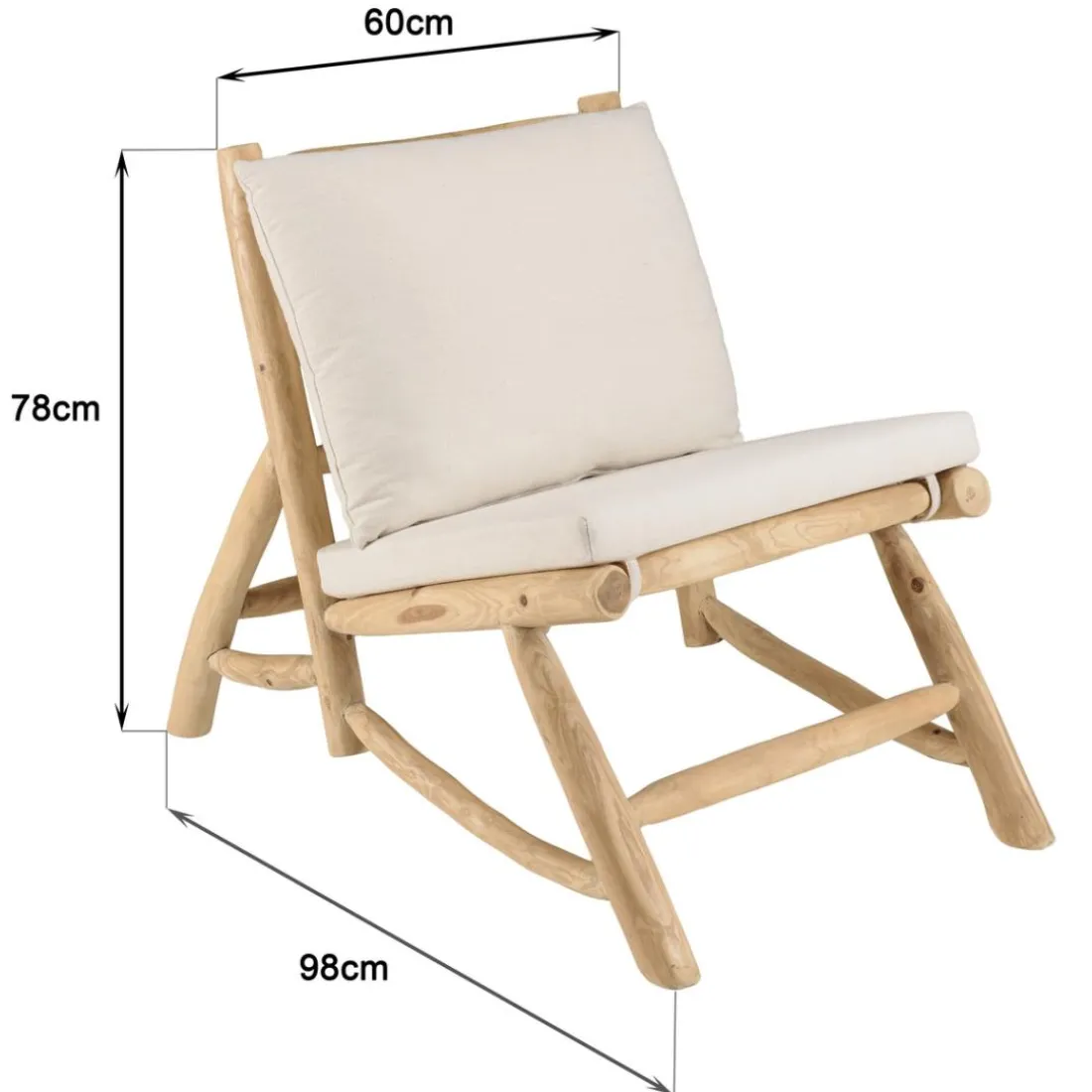 Fauteuil lounge en branches de Teck naturel avec coussin blanc WILL