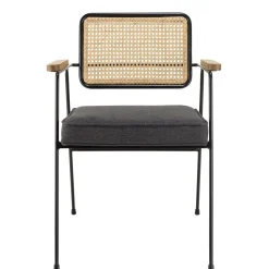 Fauteuil métal noir assise tissu gris foncé dossier rotin AGATHE