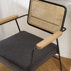 Fauteuil métal noir assise tissu gris foncé dossier rotin AGATHE