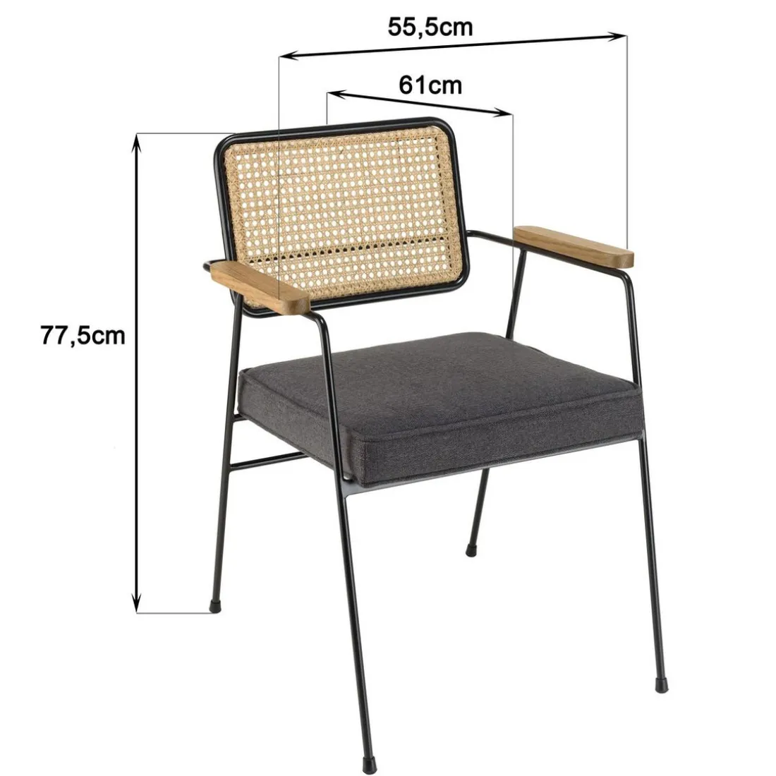 Fauteuil métal noir assise tissu gris foncé dossier rotin AGATHE